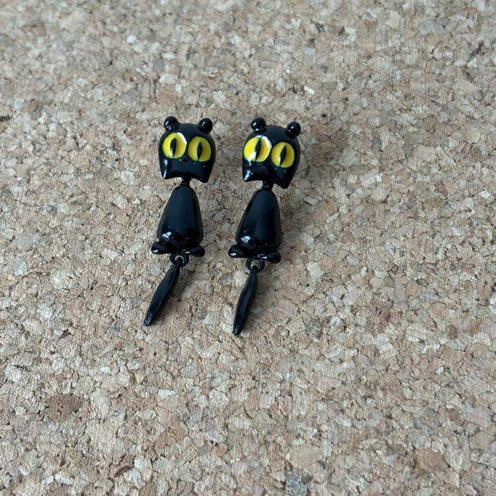 Black Cat Articulated Enameled Yellow Big Eyes Earrings Vintage, cute, fun, fall